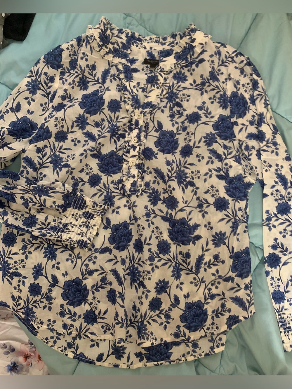 Talbots White Blouse with Blue Floral Print and Ruffle Henley